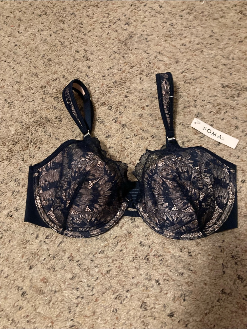 Soma NWT lace sparkle underwire bra 32DD nude lined midnight blue full coverage